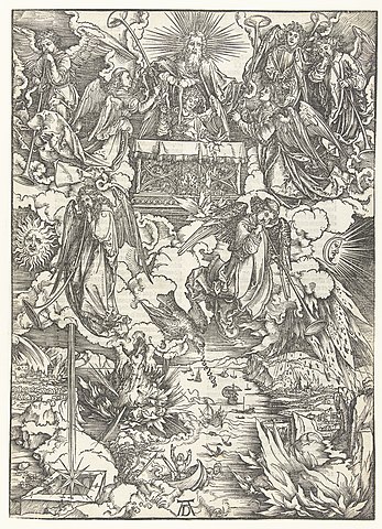 Auslegung der Apokalypse nach P. Kramer: Bild von A. Dürer: Das siebente Siegel und die ersten vier Posaunen