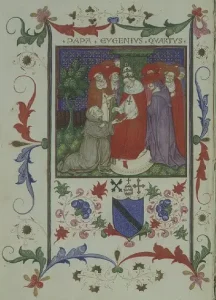 Eugen IV. in einer Darstellung um 1450 (Widmungsbild der Dialogi in Lactantium des Antonio da Rho)