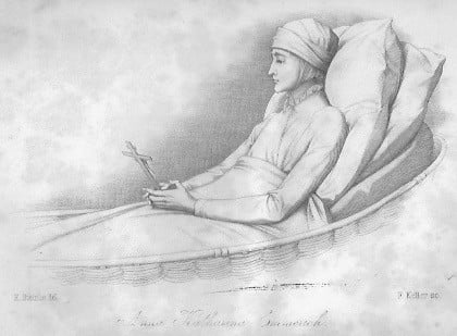 Vision eines Papstes nach Pius VII.: die kranke Anna Katharina betrachtet ein Kruzifix, das sie in der Hand hält